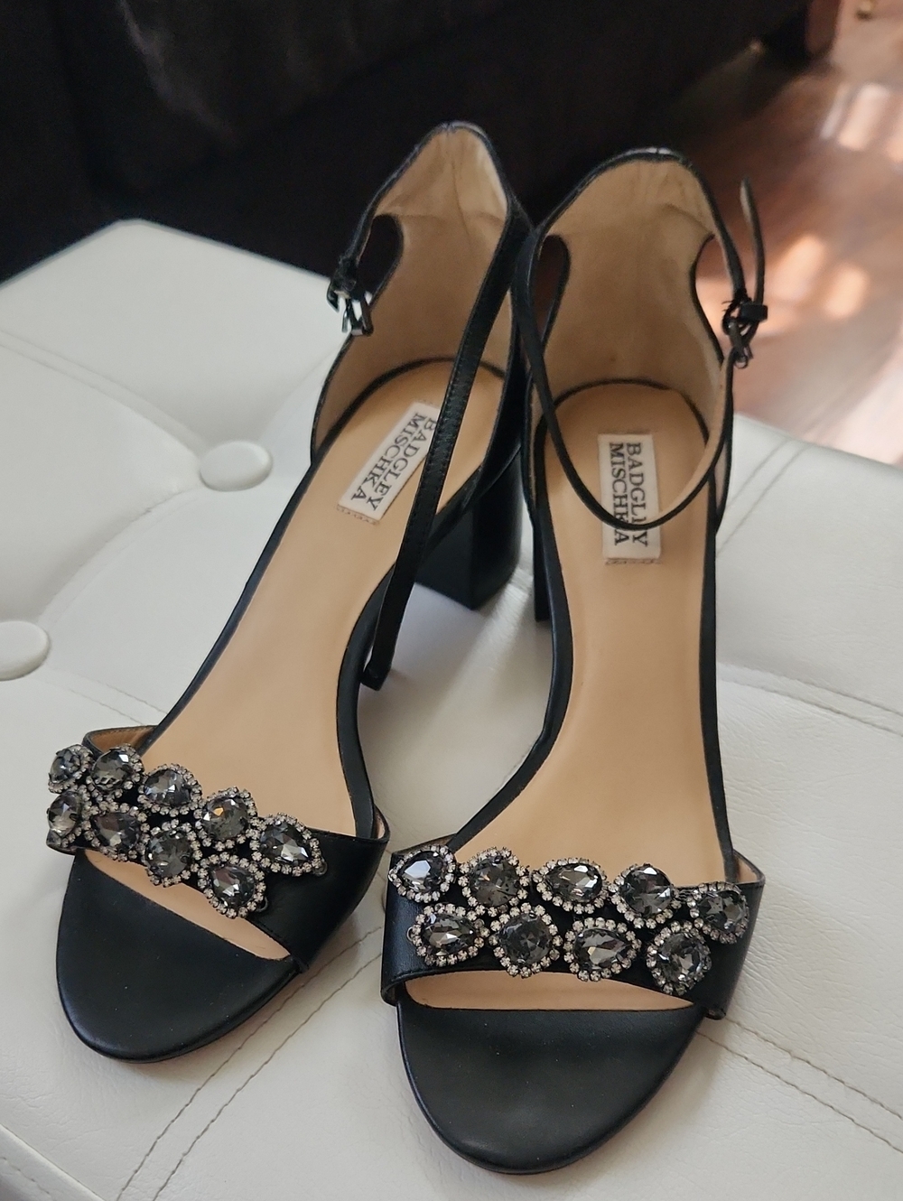 Badgley Mischka Black Crystal Embellished Block Heels